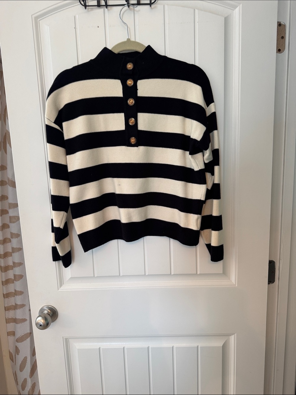 Studio Eleven Striped Button Pullover in Black & Cream